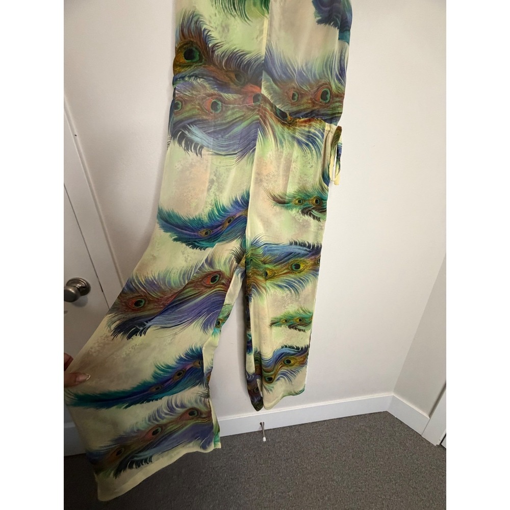 Meghan LA Peacock Feather Print Wide Leg Jumpsuit Green Blue Medium - Picture 5 of 8